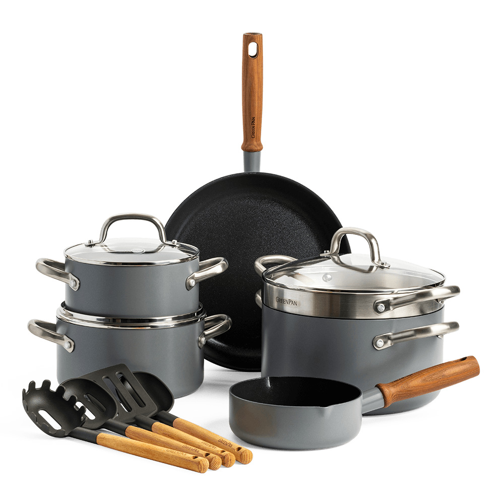 GreenPan Mayflower Pro Batterie de Cuisine 13 Pièces avec Revêtement Antiadhésif Céramique Sain, Inclu. Poêle, Casserole, Marmite, Manche en Bois Style Vintage, Sans PFAS, Induction, Gris Charbon