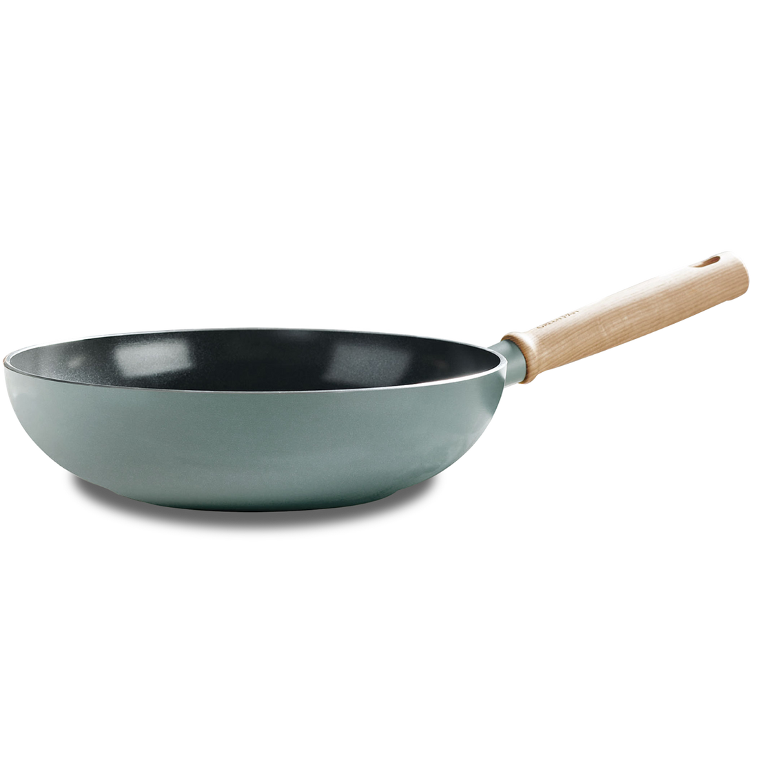 GreenPan Mayflower poêle wok antiadhésive en céramique Healthy 28 cm/3,7 litres, manche en bois vintage, sans PFAS, induction, Smoky Blue, bleu